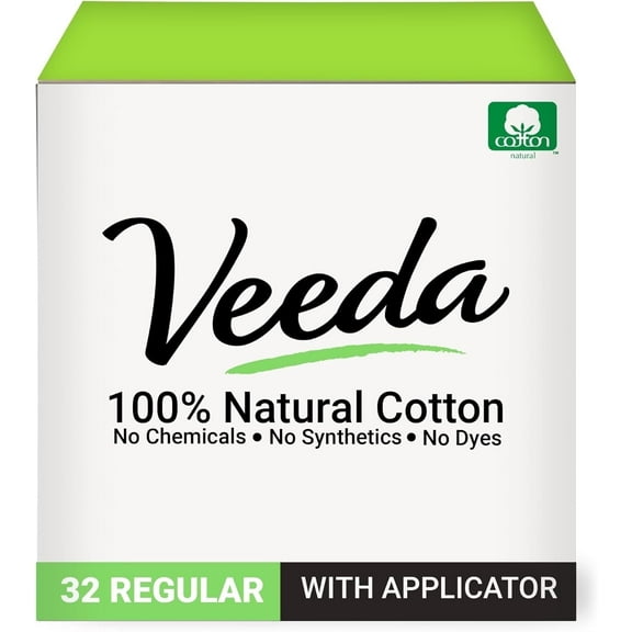 Veeda 100% Natural Cotton Tampons - Regular Absorbency with leak proof protection - Compact BPA-Free Applicator - Unscented & Free from Chlorine, Toxin - 32 Count