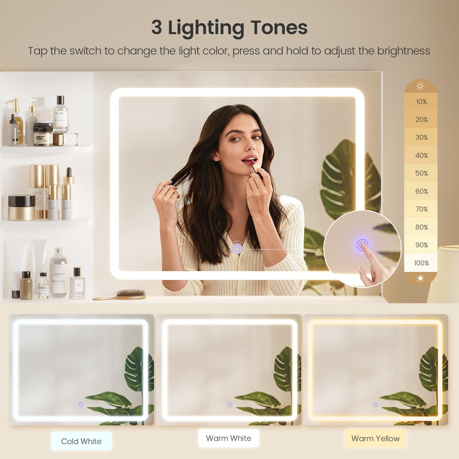 Fluted Makeup Vanity Desk with Touch Screen Mirror and Lights, Wood Vanity Table with Charging Station & LED Lights, with 3 Drawers & Cabinet & Shelves, White