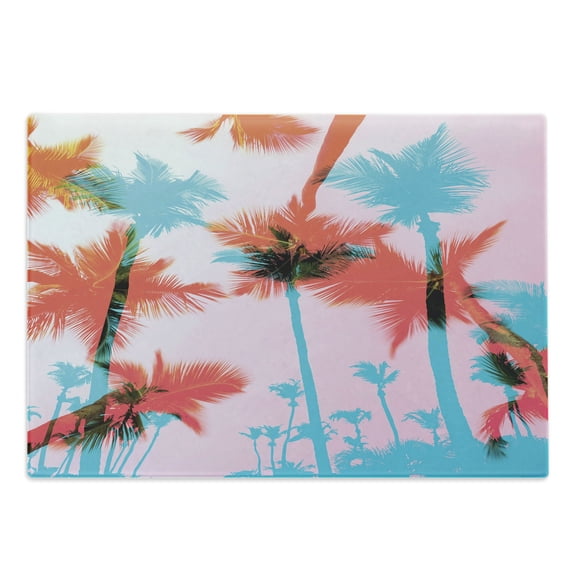 Tropical Cutting Board, Coconut Palm Tree Silhouettes Exotic Island Summer Beach Art, Decorative Tempered Glass Cutting and Serving Board, Large Size, Dark Coral Turquoise, by Ambesonne