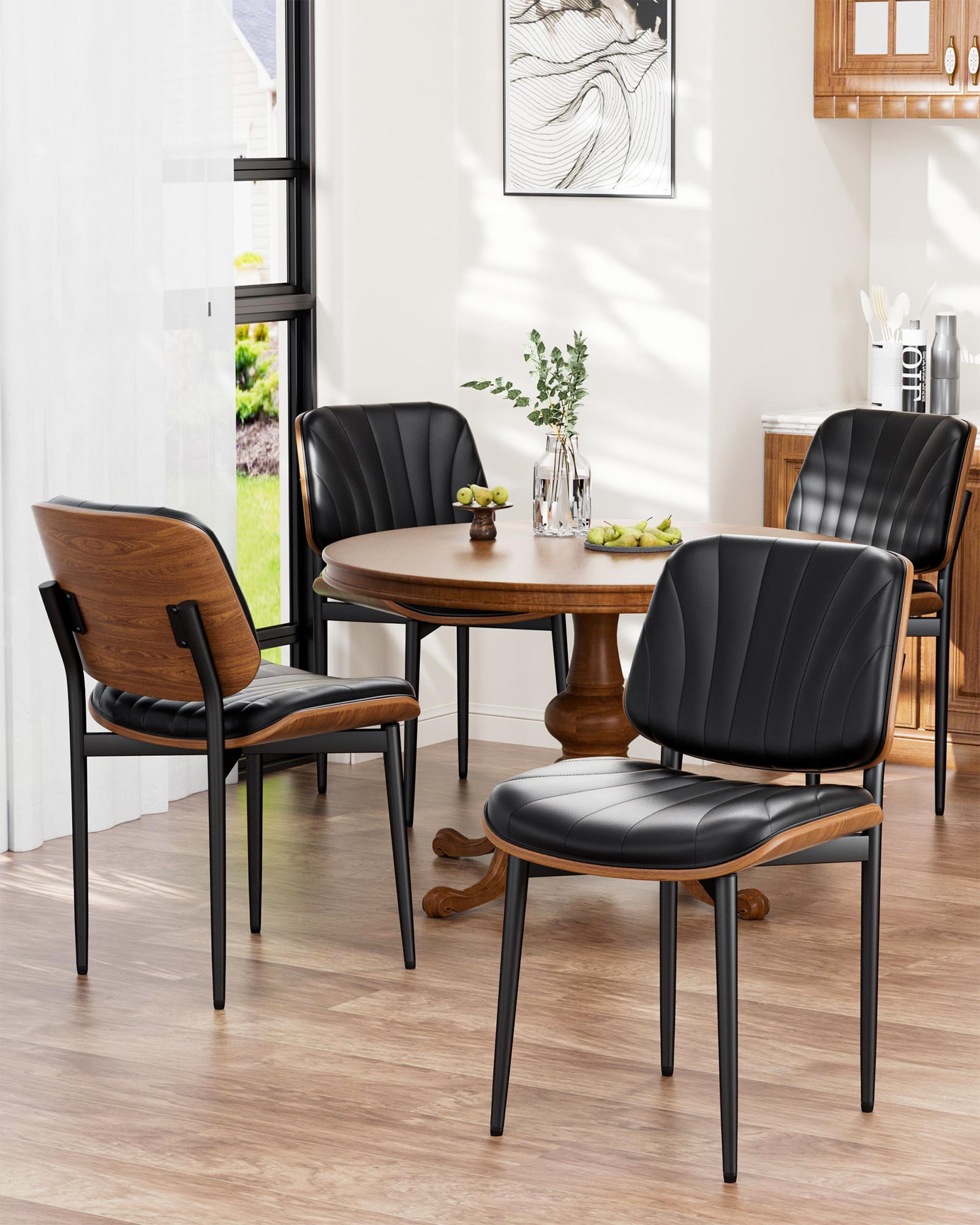 GIKPAL Mid Century Modern Walnut Back PU Faux Leather Dining Chairs, Black (Set of 2)