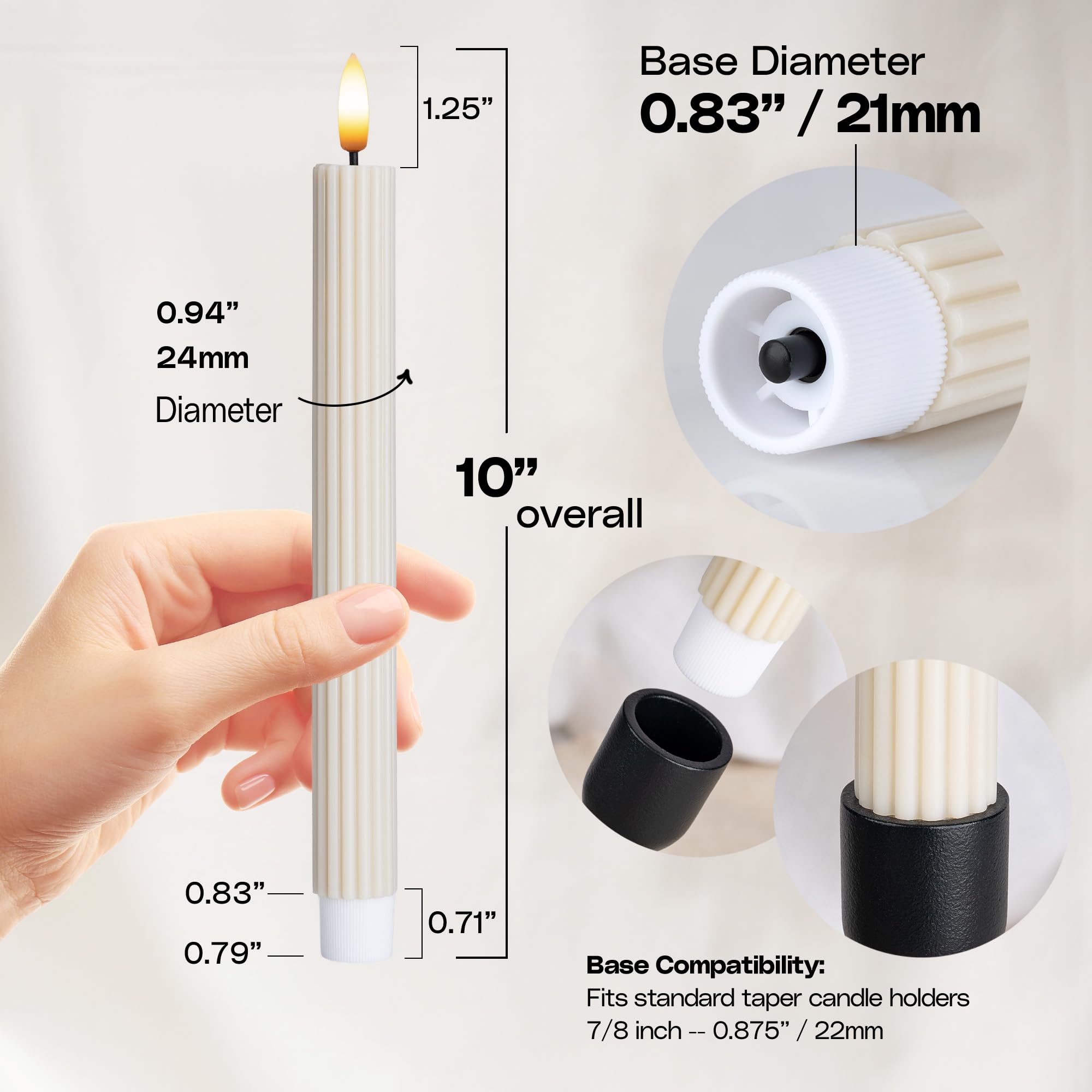 WYZworks 10" Fluted Ribbed LED Cream Beige Grooved Pillar Candles, Remote & 24h Timer Memory, On/Off Switch - Flameless Dimmable Battery Operated w/Flicker Mode, Home Wedding Decor (6 Pack)