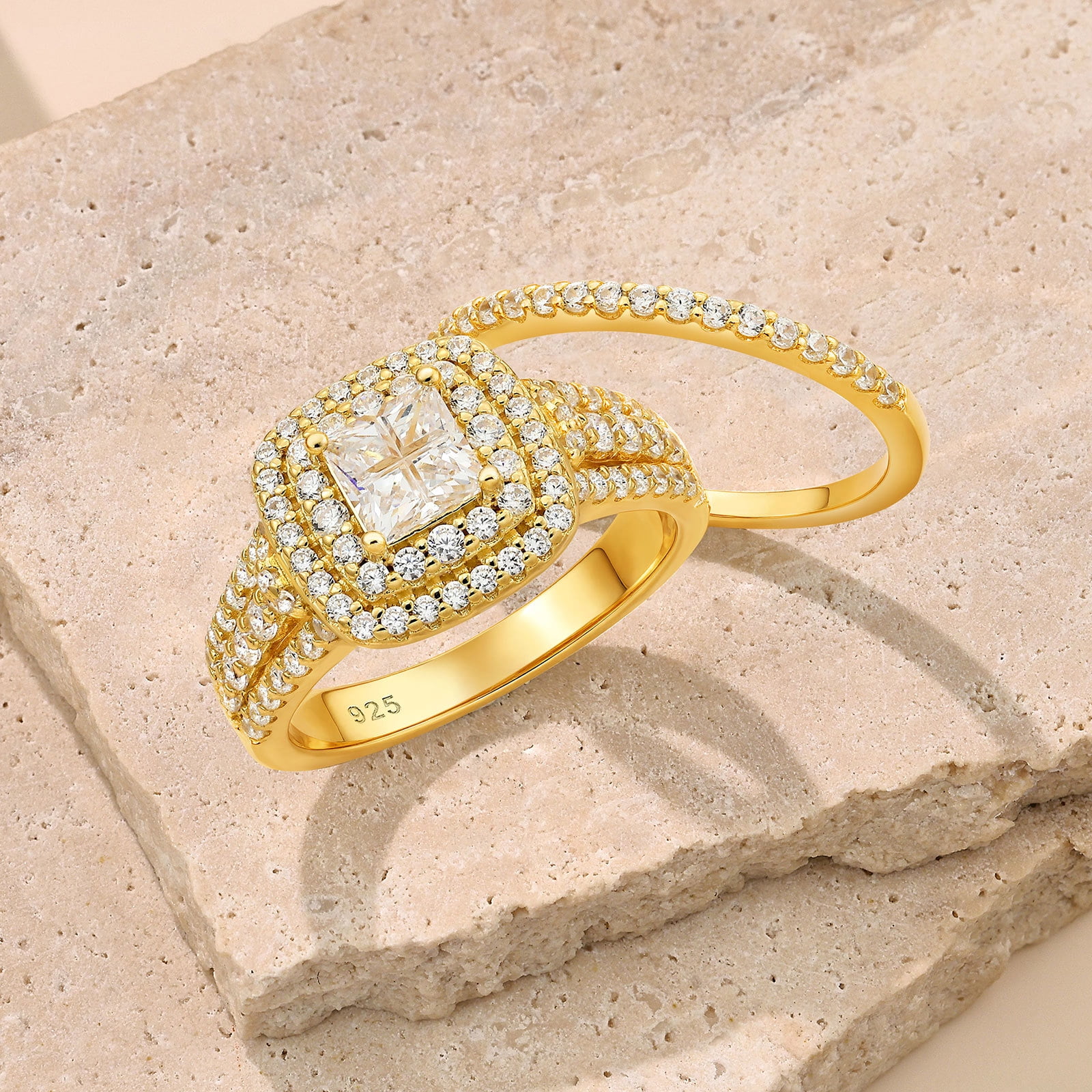 Newshe Jewellery Wedding Rings for Women Princess Engagement Ring Sets 925 Sterling Silver 1.7Ct Cross Yellow Gold Cz Size 8