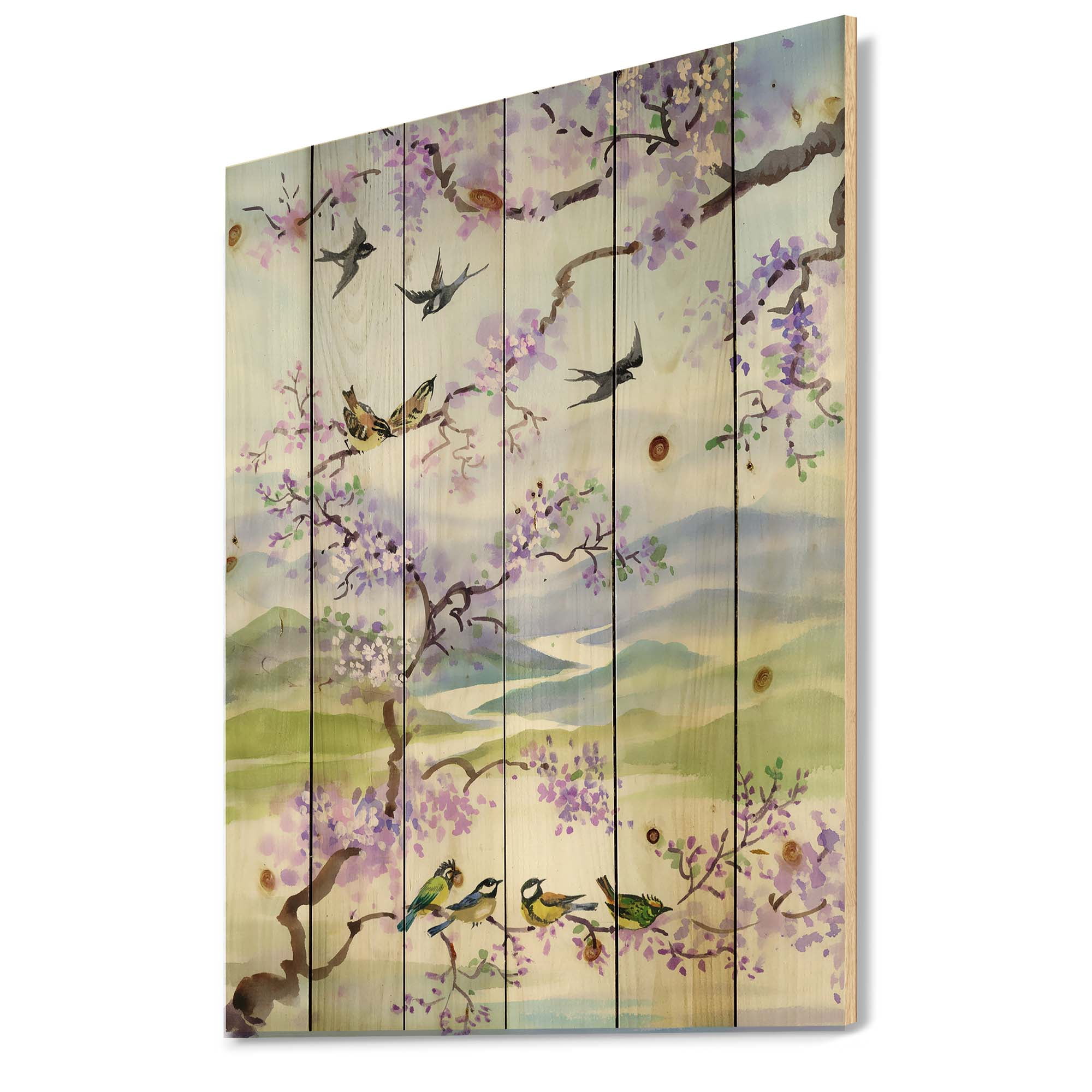 Designart 'Birds Sitting On Cherry Branch' Traditional Print on Natural Pine Wood