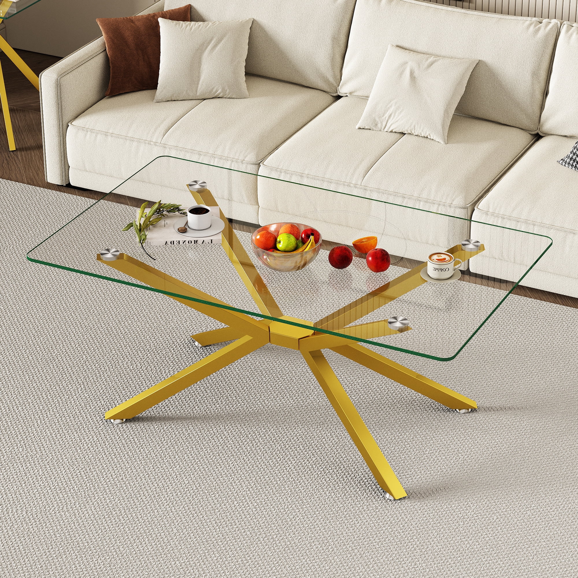 Rectangular Glass Coffee Table 39.37 Inch, Clear Tempered Glass Top with Gold Metal Legs for Living Room Office Center Table, Modern Minimalist Design