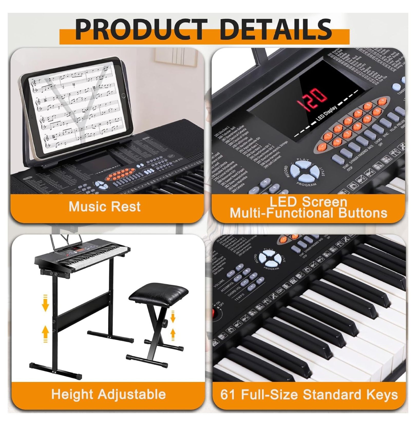 SONGMY 61-Key Portable Electric Keyboard Piano - Complete Set with Stand, Stool, Headphones & Microphone, LED Screen for Beginners & Kids
