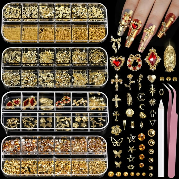 Gold Nail Charms and Gems Set, 4 Boxes Nail Gems Nail Pearls Nail Art Tools, 3D Cross Nail Charms Heart Nail Rhinestones for Nails Supplies, Charms for Nails Design Nail Art Kit