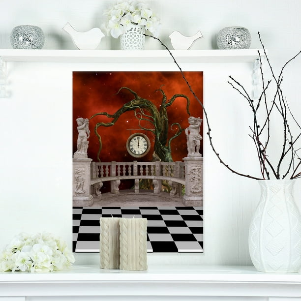 Balcon avec Horloge et Arbre Anges - Toile Art Print