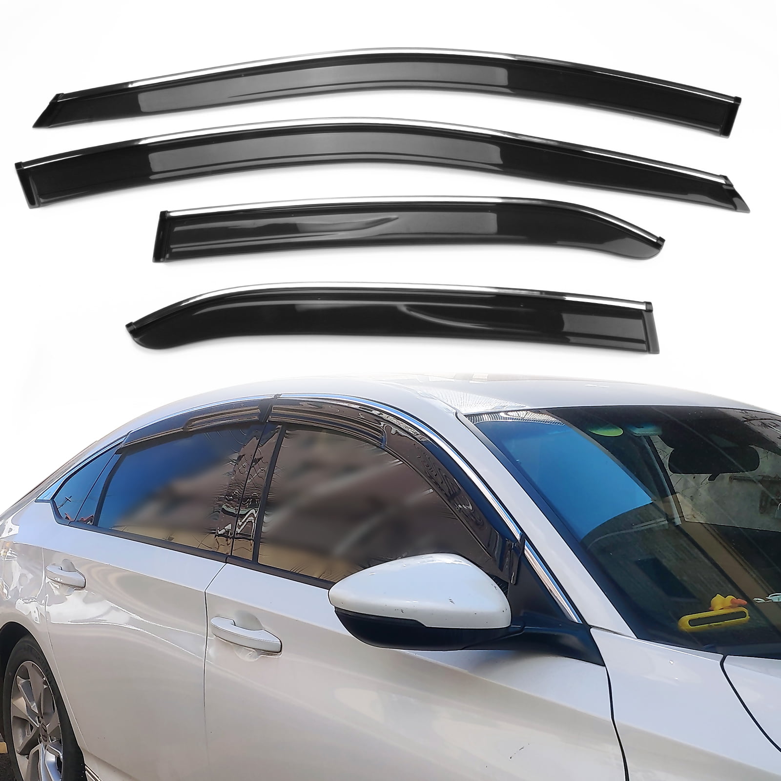 LQQDP 4pcs Smoke Tint With Chrome Trim Outside Mount Tape On/Clip On Style PVC Sun Rain Guard Vent Shade Window Visors Fit 08-12 Honda Accord 4-Door Sedan 
