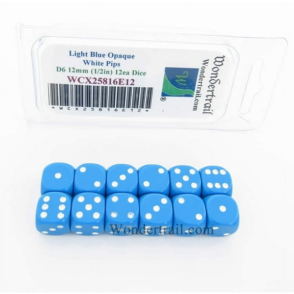 Light Blue Dice with White Pips D6 12mm (1/2in) Pack of 12 Wondertrail