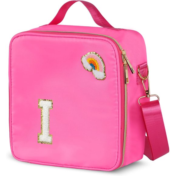 shiyou-Insulated Nylon Lunch Box for Girls, Kids, and Women-Stylish (Letter 'I'),Pink Preppy Large Lunch Bag with Adjustable Strap, Tote for School, Travel, and Picnics-Ideal Preppy Stuff Choice