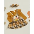 thumbnail image 4 of Raccmtaty Baby Girl Thanksgiving Outfits Solid Color Long Sleeve Romper Turkey Embroidery Suspender Skirts Headband 3Pcs Clothes Set, 4 of 9