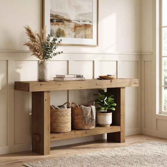 Fnova 63 Inch Solid Wood Console Table, Farmhouse 2-Tier Sofa Table Behind Couch with Storage Shelf for Living Room, Hallway, Foyer