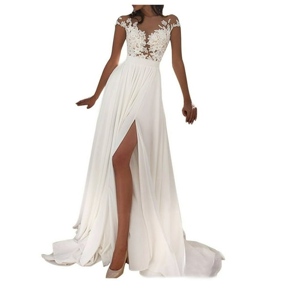Women‘S Wedding Dress Lace V-Neck Evening Dress Bridal Gown Beach Wedding