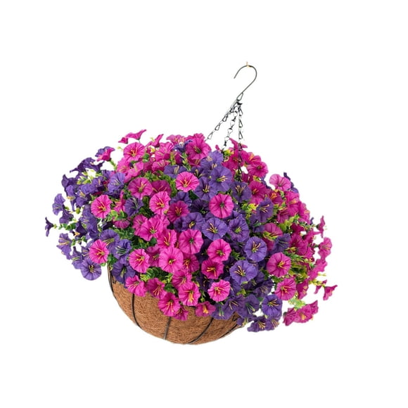 Cesta de flores colgantes artificiales, planta de gloria de la mañana falsa para terraza Rosa violeta