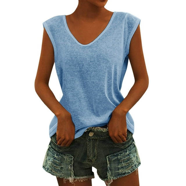 Ketyyh-chn99 Camisoles Blouses pour Femmes Chandails à Col Rond Été Sans Manches Coupe Ample Tunique Haut Basique Bleu Pâle,2TG