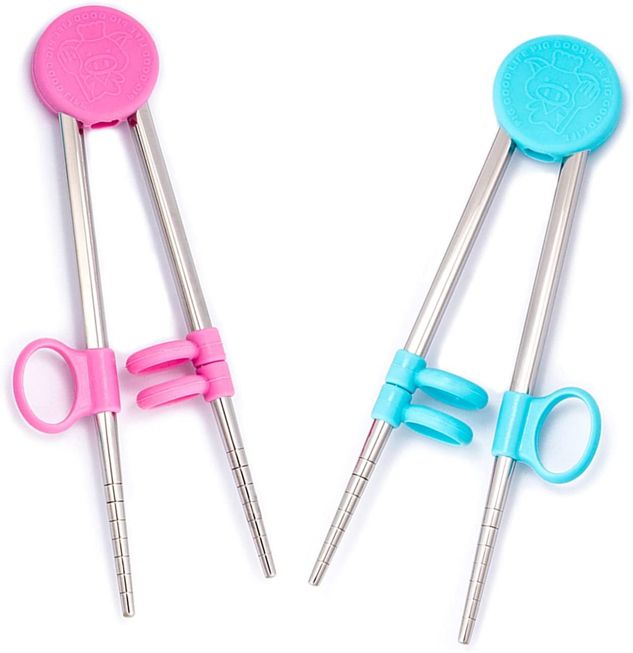 6.5Inchs stainless steel reusable kids chopsticks for learning and training.Two pairs of chopsticks pink+blue Adult and kid training chopsticks,Metal Children chopsticks 