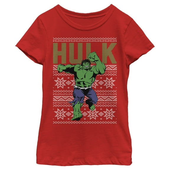 Girl's Marvel Ugly Christmas Hulk  Graphic Tee Red Large