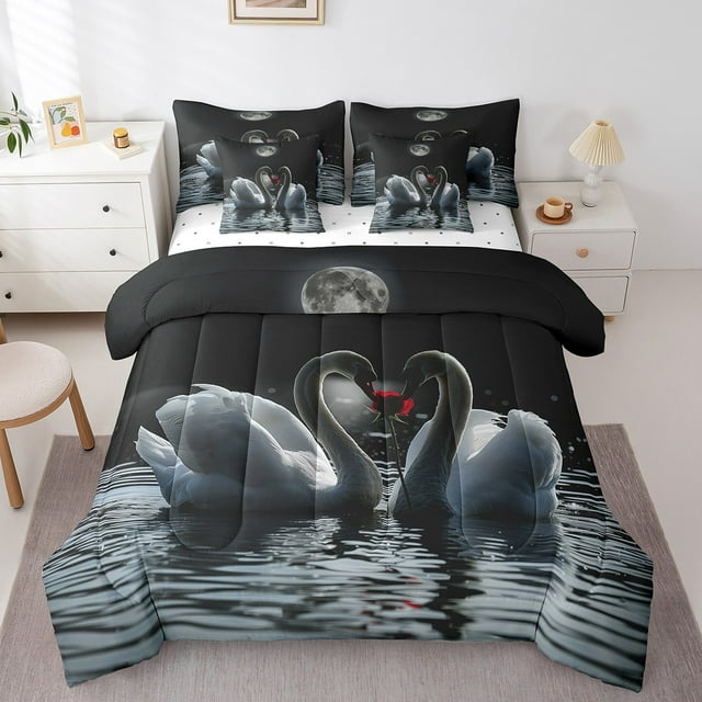 YST White Swan Bedding Set, 7-Piece, Queen, Red Rose, Boho Moon Print