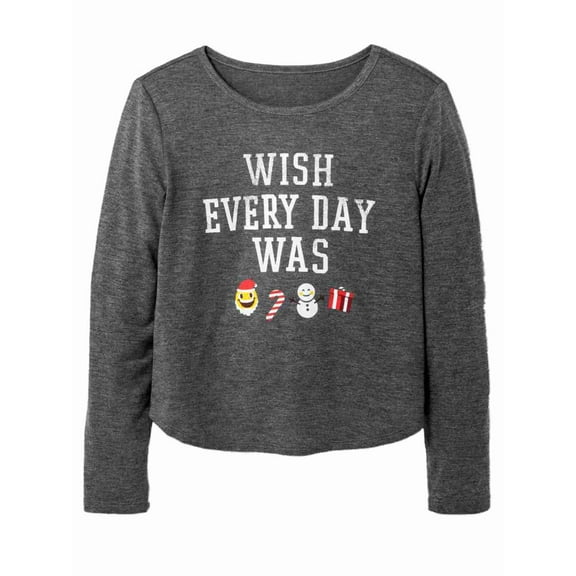 Girls Gray Wish Everyday Was Christmas Shirt Holiday Santa Emoji T-Shirt L