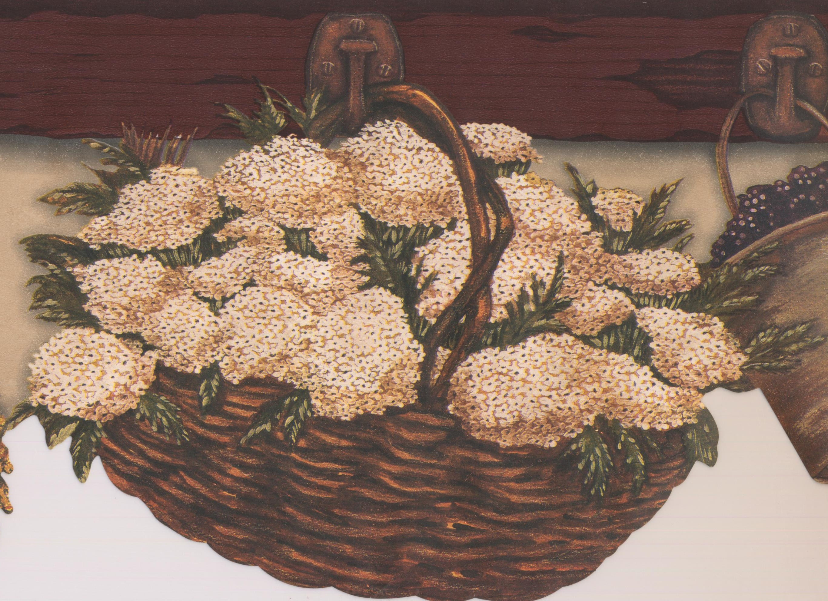 Brown Baskets Flowers Hanging On Kitchen Wall Hooks Country Brown Baskets Flowers Hanging On Kitchen Wall Hooks Country Wallpaper Border Retro Design Roll 15 X 6 5