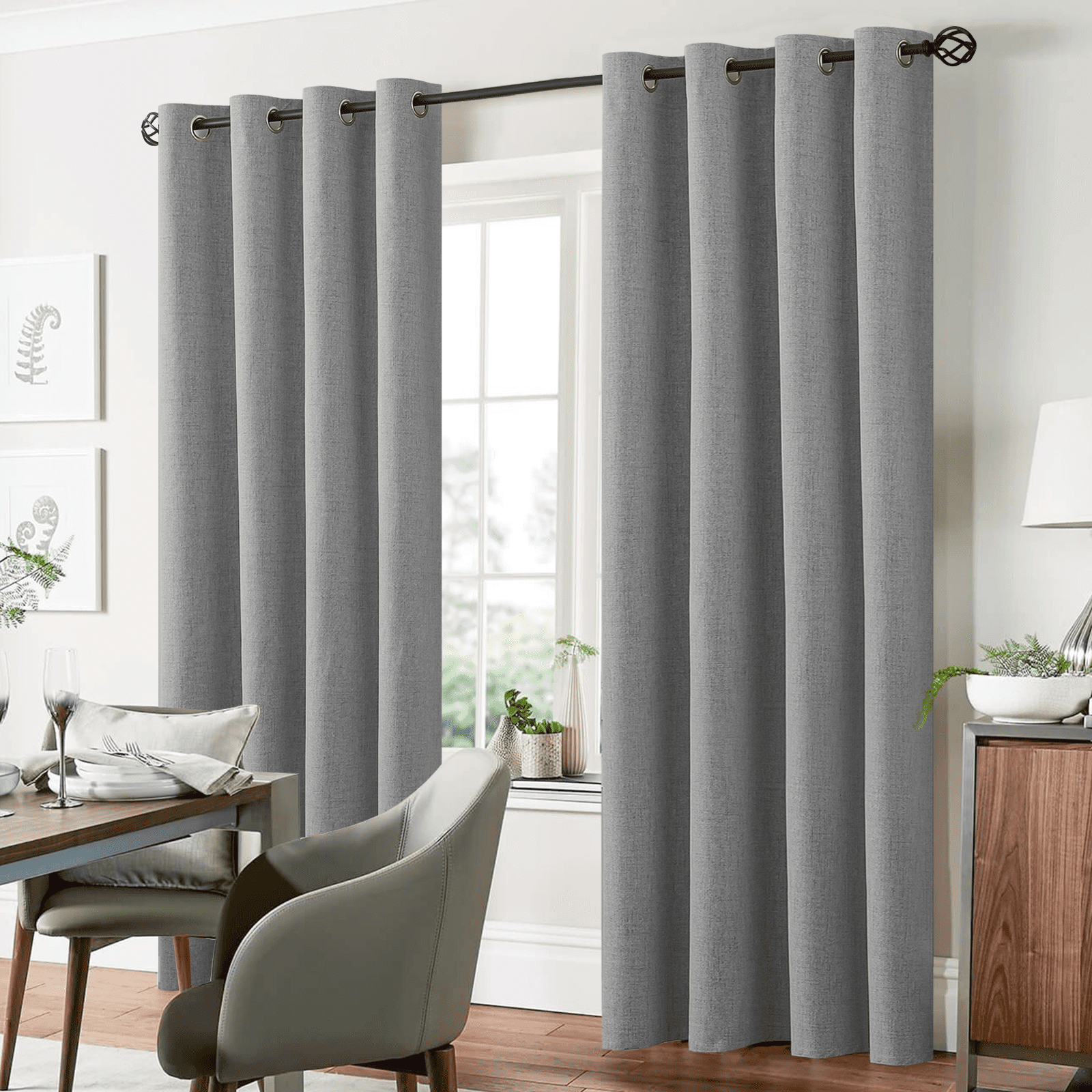 Yakamok Dove Grey Linen Curtains 100% Blackout 84 Inches Long,Room Darkening Textured Curtains for Living Room Thermal Grommet Bedroom Curtains 2 Panels with Greyish White Liner