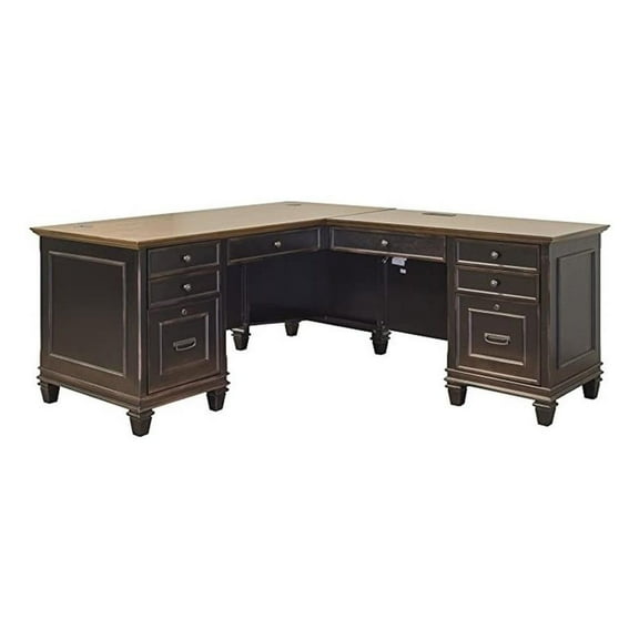 Pemberly Row Wood 70" Pedestal L-Shaped Desk in Brown Finish