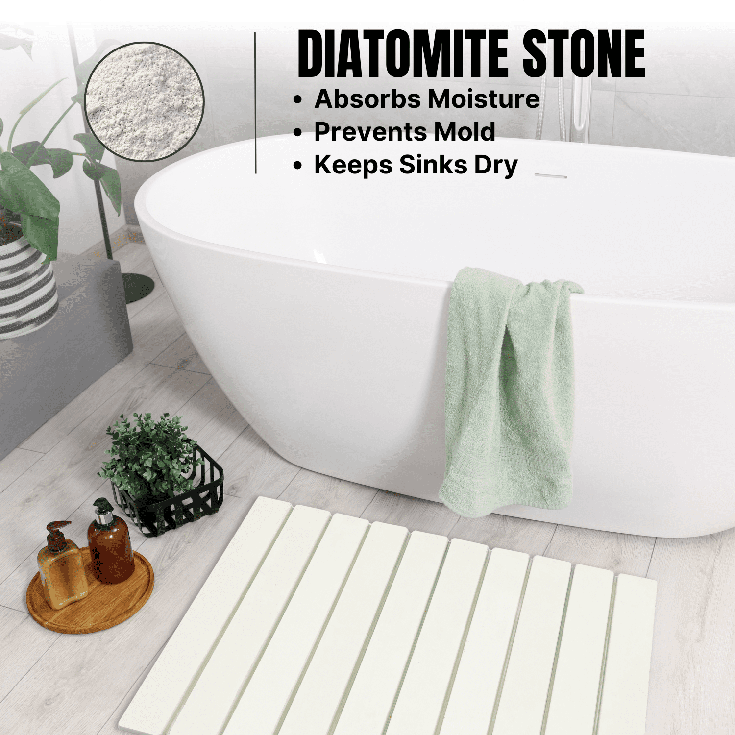 Large Foldable White Diatomaceous Earth Stone Bath Mat 24" x 16" – Quick Dry, Non-Slip, Super Absorbent Shower Mat, Mold & Odor Resistant