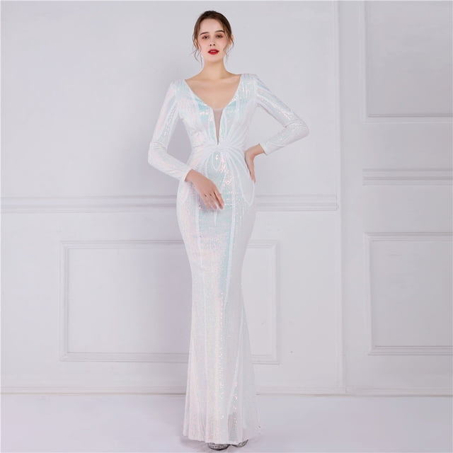 Vestido de noche con cuentas y flores para mujer, elegante vestido de fiesta de manga larga con lentejuelas y cola de pez Aura Queen