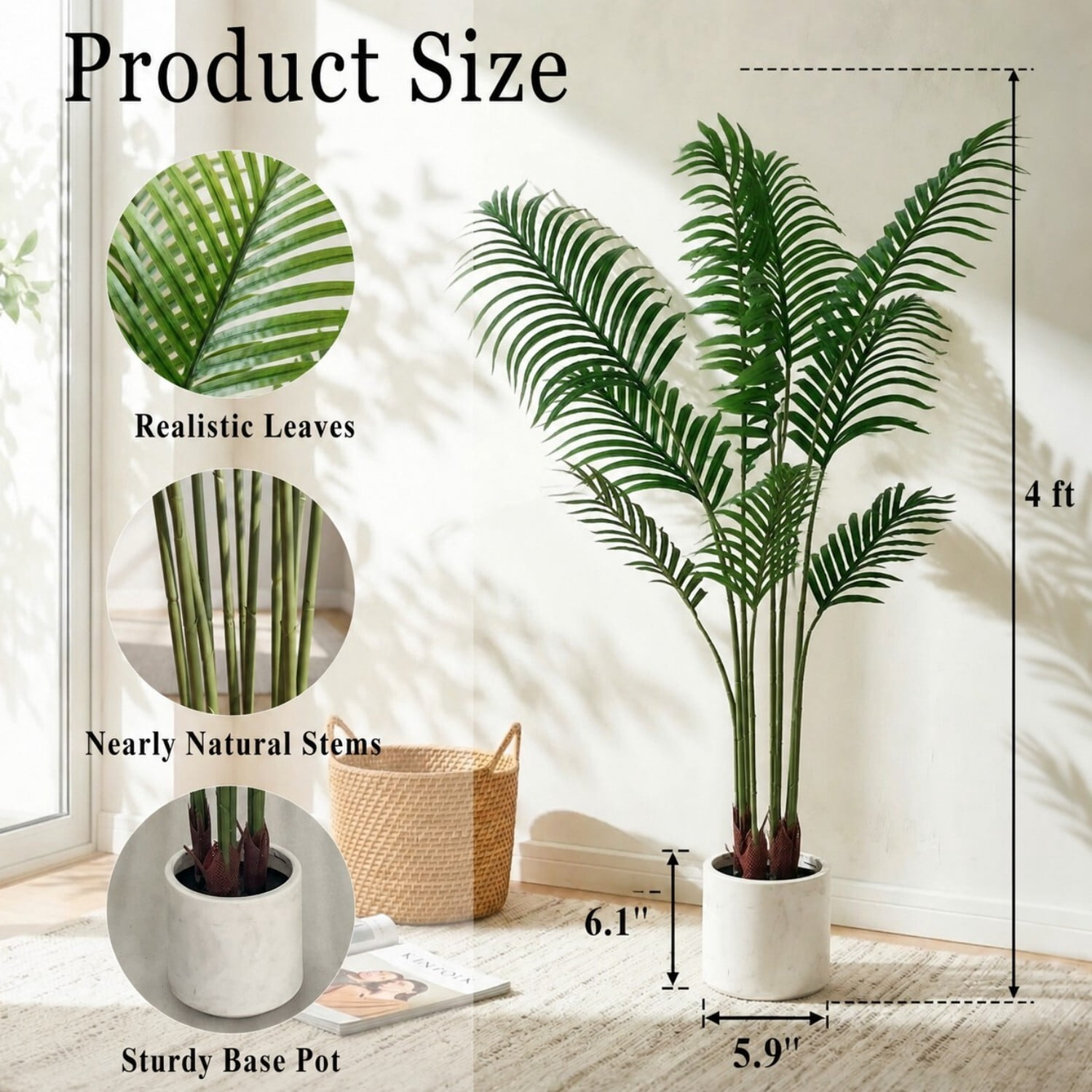 Easy4Home 4FT Artificial Plant Fake Tropical Palm Tree Potted Indoor Faux Floor Plant for Home Office Decor, White Pot
