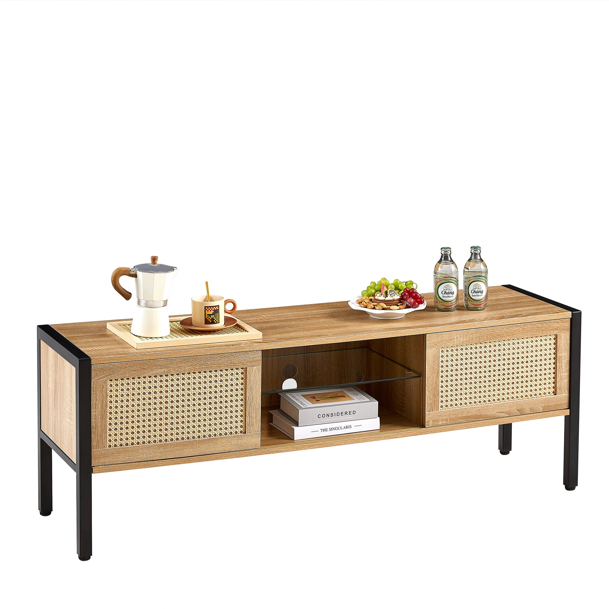 MAYEERTY 54.33" Rattan TV Cabinet with Adjustable Shelf, Variable Color Light Strip, and Metal Legs, Natural