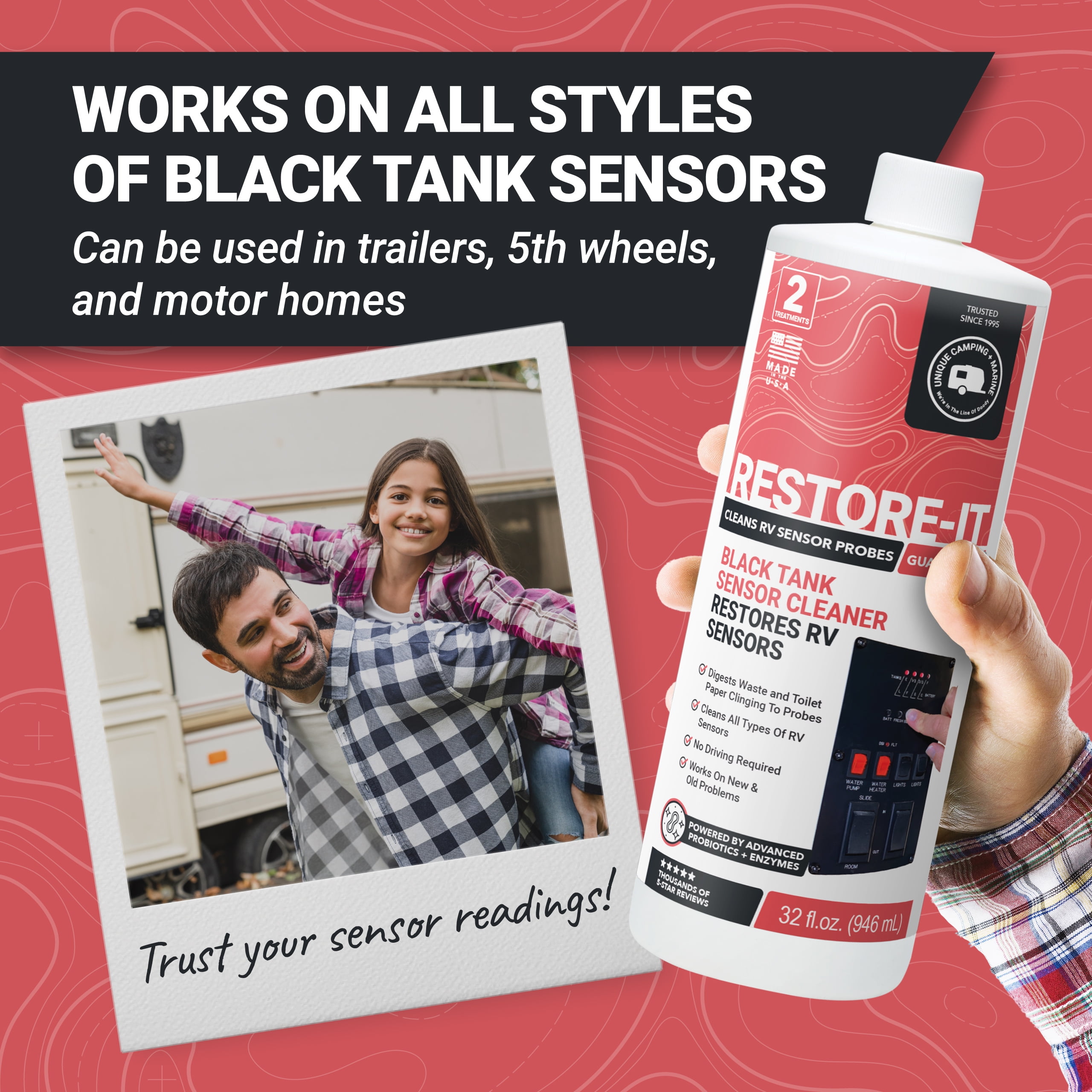 Unique Restore-It RV Tank Sensor Cleaner Liquid, Restore and Clean RV Black Tank Sensors (32 oz)