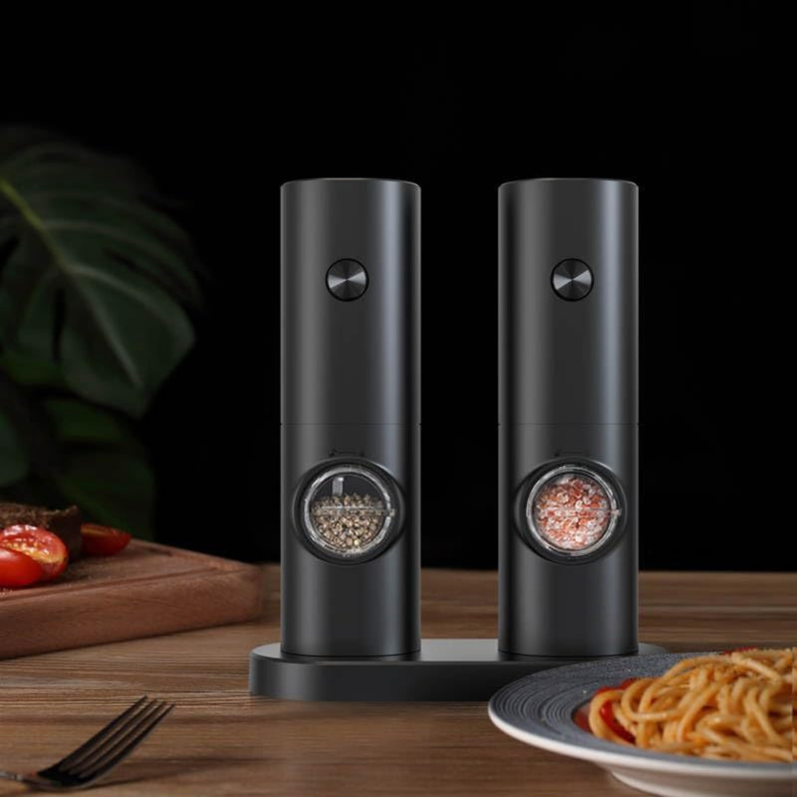 Salt and Pepper Grinder Set - Battery-Powered, Adjustable Coarseness, LED Illumination, with Storage Base