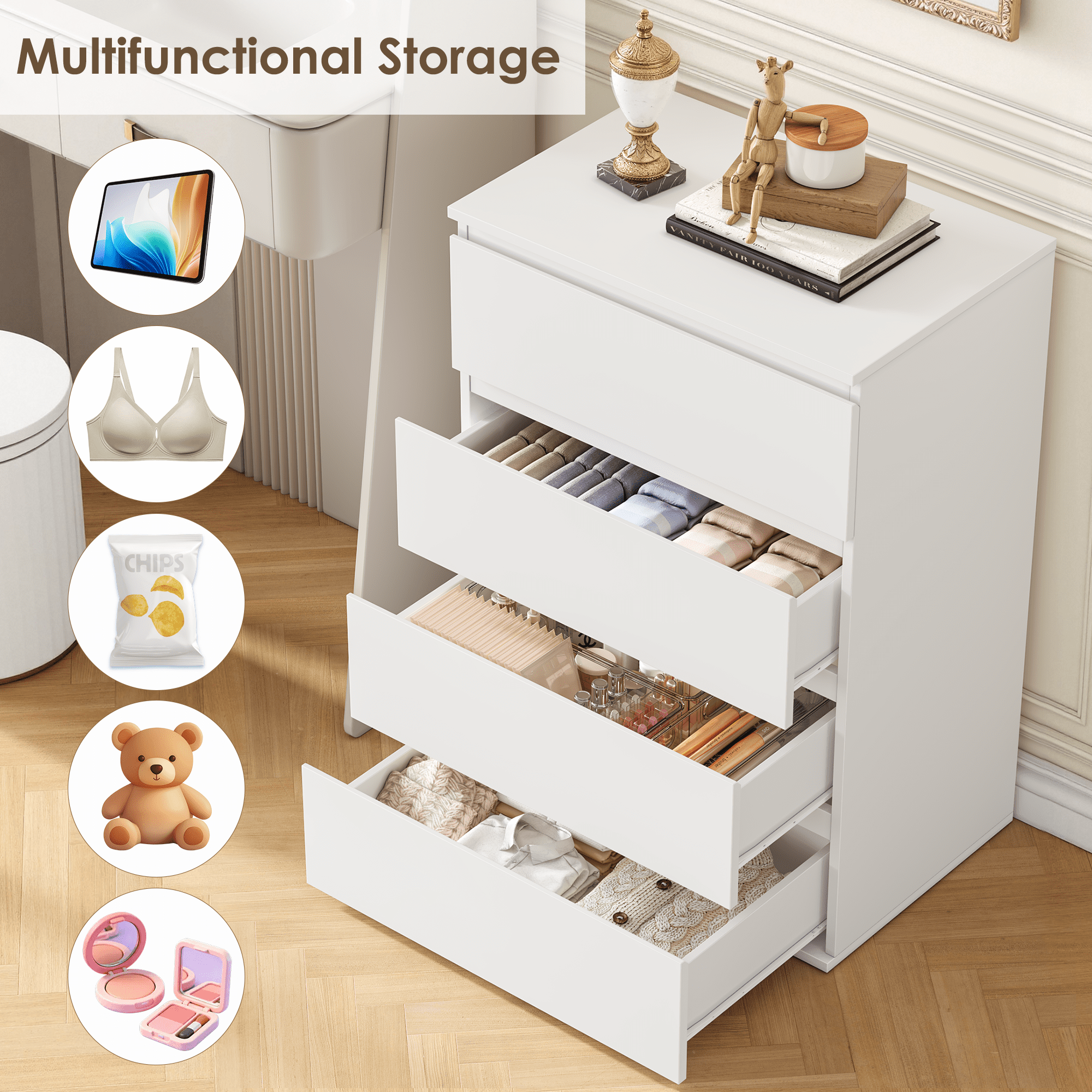 Homfa 4 Drawer White Dresser, Modern Storage Cabinet for Bedroom, Chest of Drawers Wood Organizer for Living Room