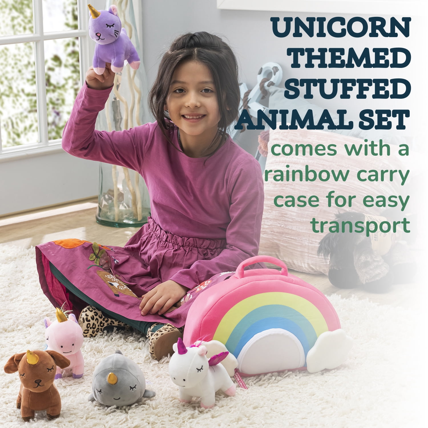 Pixie Crush Unicorn Toys Stuffed Animal Gift Plush Set with Rainbow Case – 5 Piece Stuffed Animals with 2 Unicorns, Kitty, Puppy, and Narwhal – Toddler Gifts for Girls Aged 3, 4, 5 ,6 ,7, 8 yr olds