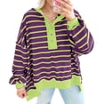 thumbnail image 4 of Womens Oversized Color Block Striped Sweatshirts Henley Shirts Casual Pullover Waffle Knit Tops, 4 of 7