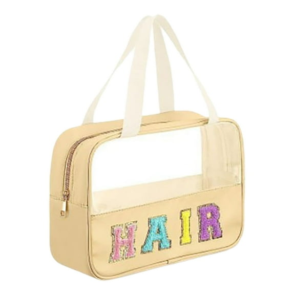 Cosmetic Bag Letter Patch Clear Travel Bags Preppy and Nylon Makeup Organizer with Handle and Zipper Large Clear Toiletry Storage for Women and Girls