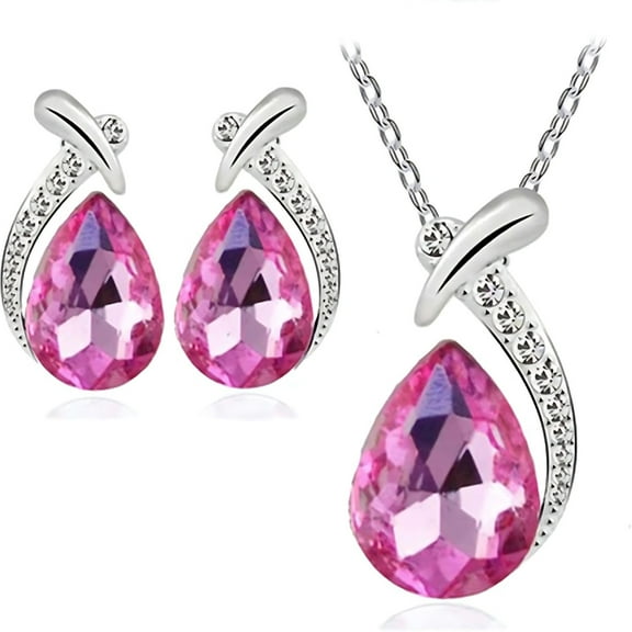 Women's Rhinestone Pendant Necklace and Earrings Set, Drop Water Design, Elegant Jewelry for Special Occasions like Weddings or Parties