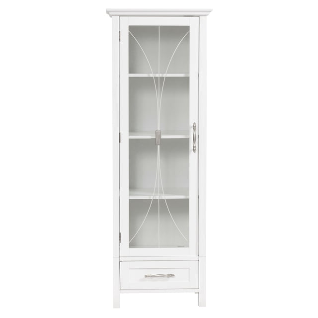 Teamson Home Armoire de Rangement Haute en Lin et Bois pour Salle de Bain avec Porte Vitrée Blanche