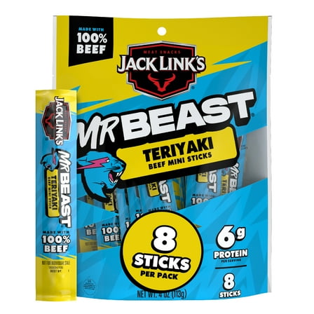 Jack Link’s x MrBeast Teriyaki Mini Beef Sticks, 4 ounce Bag, 8 count of .5 ounce sticks
