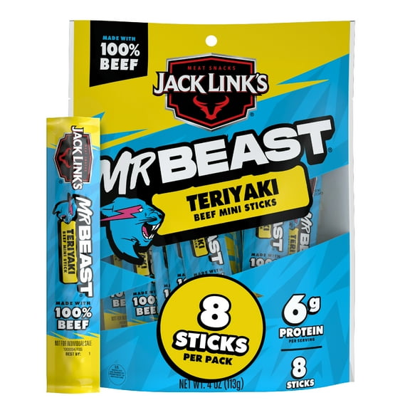 Jack Link’s x MrBeast Teriyaki Mini Beef Sticks, 4 ounce Bag, 8 count of .5 ounce sticks