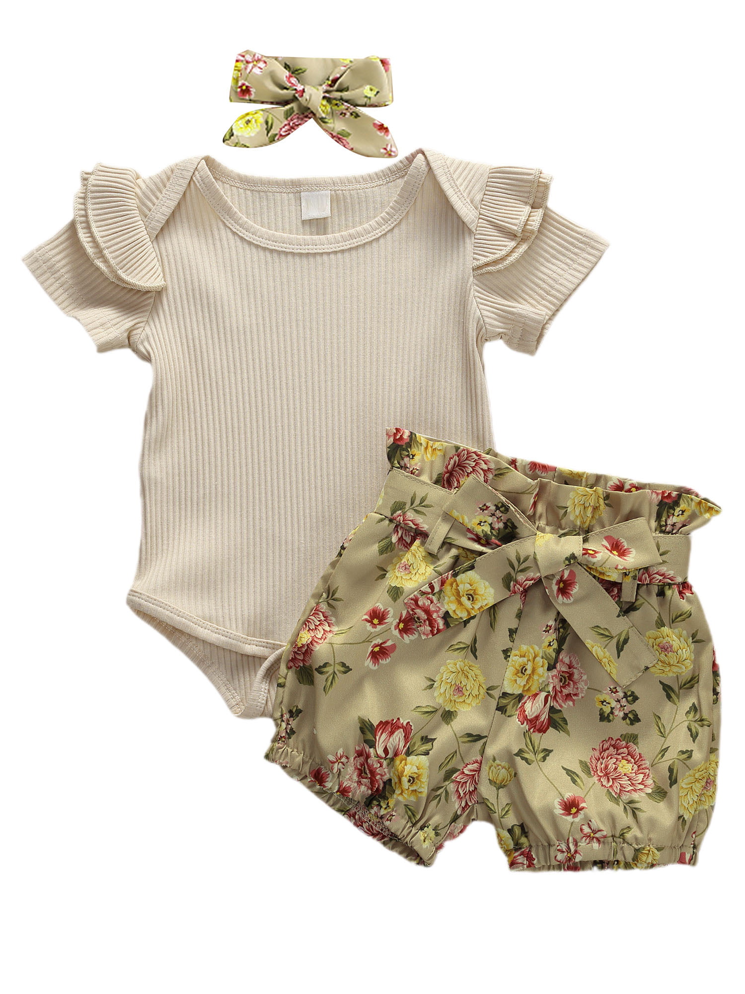 Newborn Baby Girls Floral Shorts Set Fly Sleeve Romper Top+Bowknot Shorts Summer Flower Outfit Bodysuit 2Pcs Set