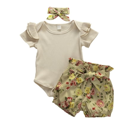 

jaweiw Baby Girls Summer Outfits Set Short Sleeve Solid Color Ribbed Knit Romper+Floral Shorts+Headband