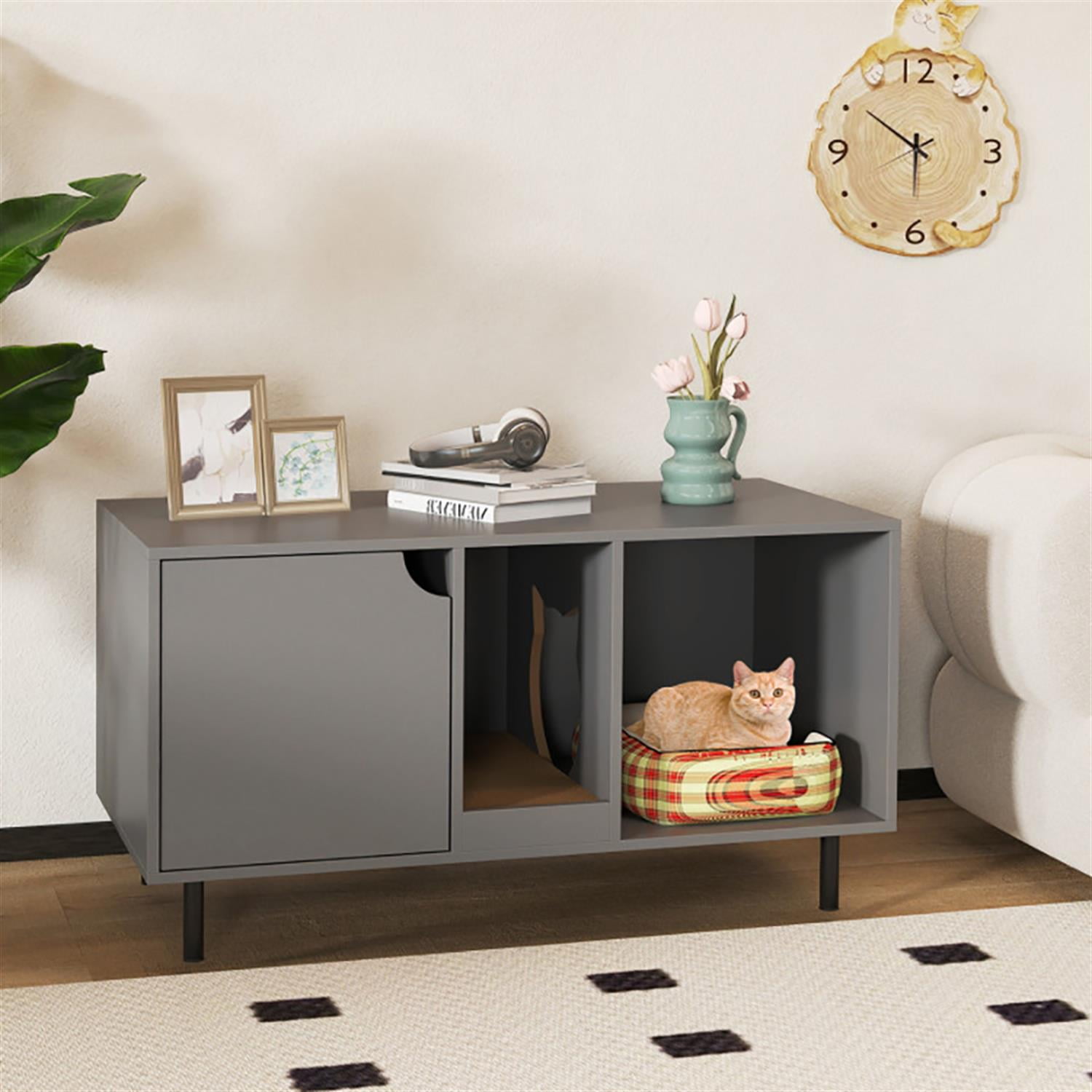Kadyn 40" Cat Litter Box Enclosure Furniture with Scratching Board, Hidden Litter Box for Cats, Cat House Furniture for Side Table or Nightstand, Gray