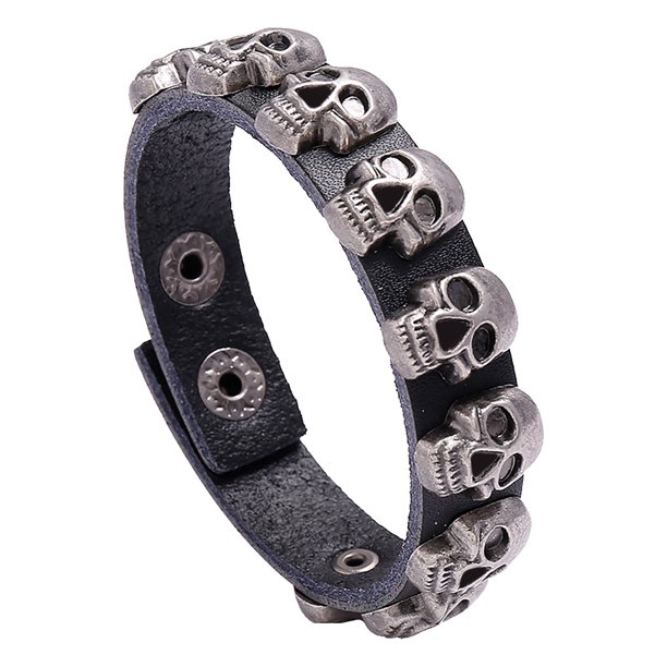 Pulsera auténtica de cuero negro y acero inoxidable para hombre con hebilla de cinturón gótica para motociclistas