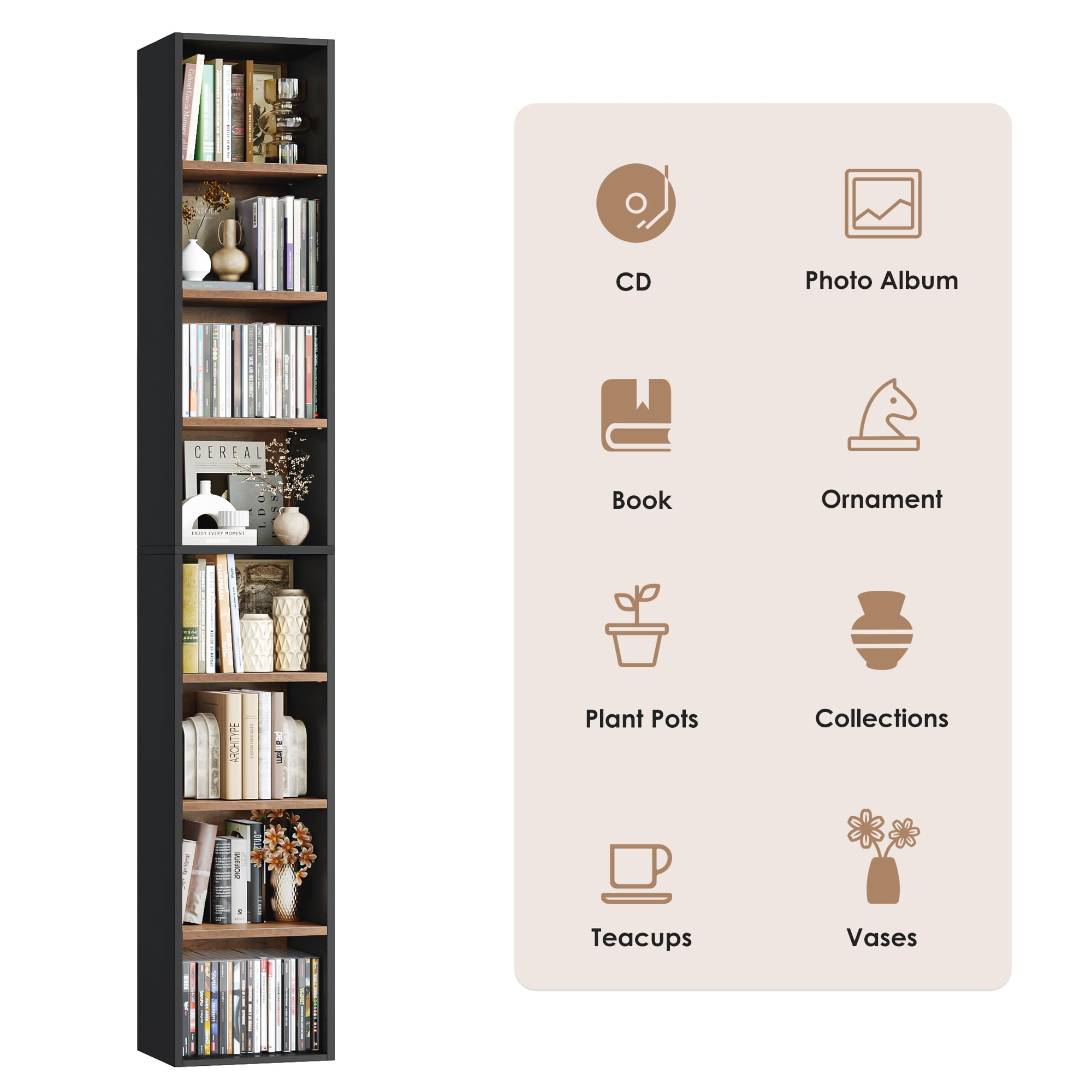 Homfa 8-Tier Wood Bookcase,71''Tall Storage Cube Organizer with Adjustable Shelves for Living Room Bedroom,2PCS,Black+Vintage Oak