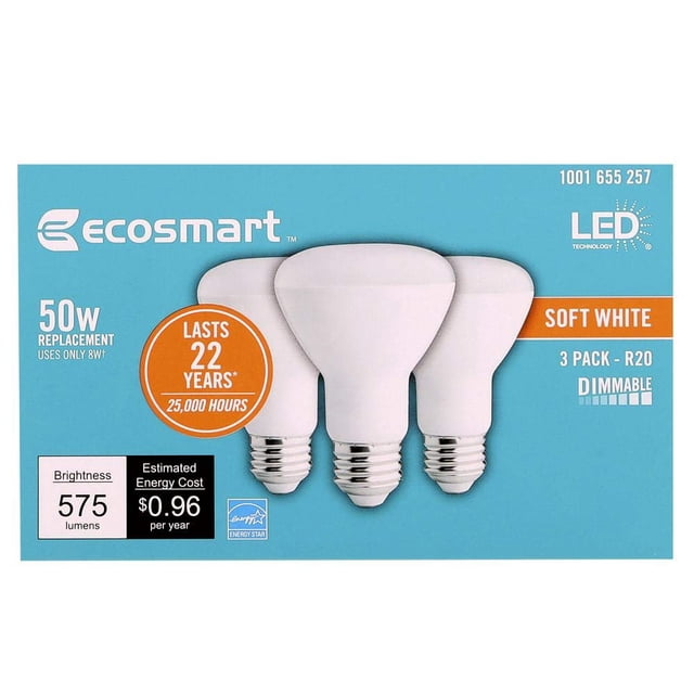Bombilla LED EcoSmart BR20 (paquete de 3), color blanco suave, 8 W (equivalente a 50 W)
