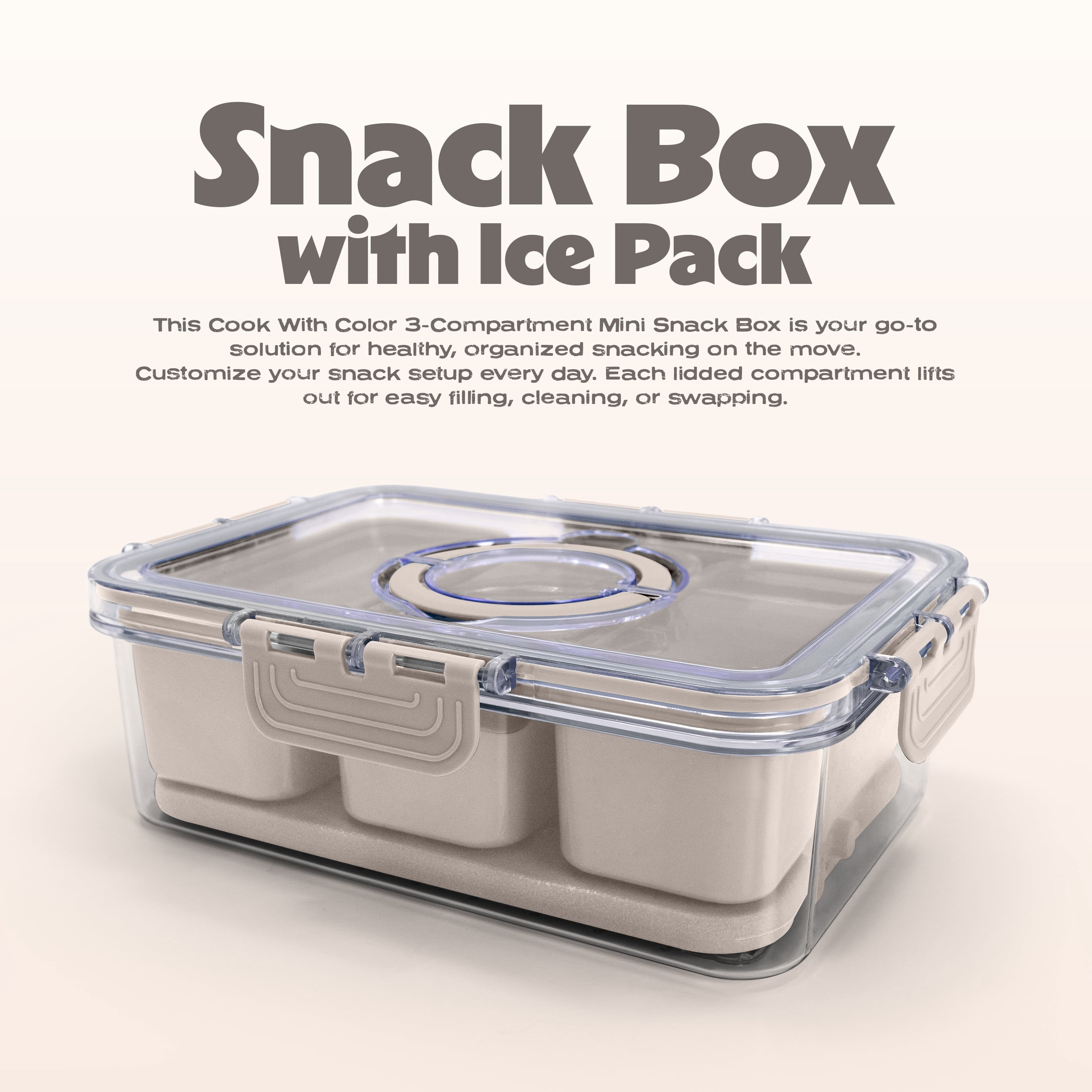 Cook with Color 3-Compartment Portable Snack Box Food Storage Container with Removable Ice Pack, Taupe