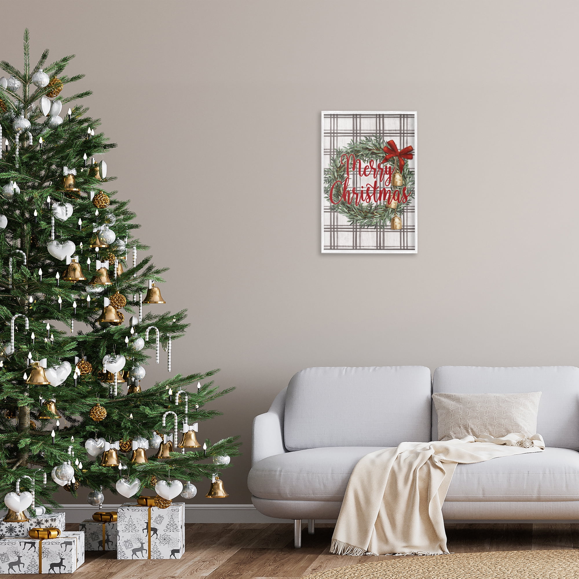 Stupell Industries Plaid Christmas Wreath Holiday Painting White Framed Art Prints Wall Art, 16 x 24