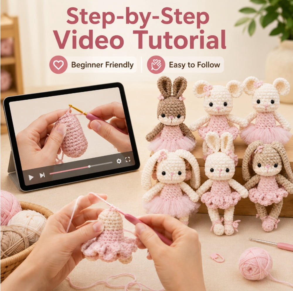 6 Pack Bunny and Bear Crochet Kit for Beginners, Animal Amigurumi Starter Set with Step by Step Video Tutorials, TIKA