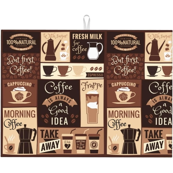 Dish Drying Mat Retro Coffee Pattern for Kitchen Counter Absorbent Dishes Drainer Microfiber Large 18x24 Inch